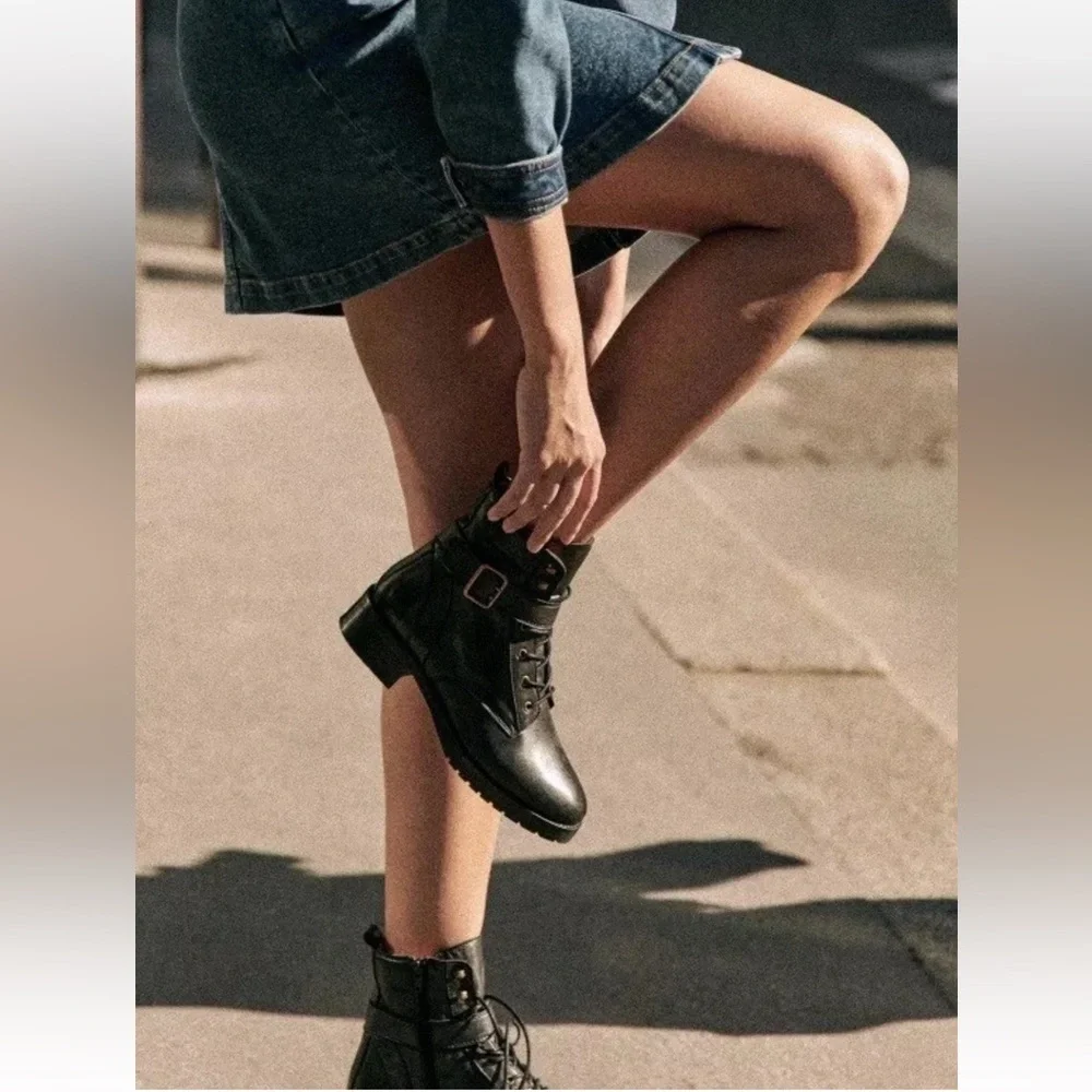 Sezane Black Leather Lace-Up Ankle Boots with Buckle